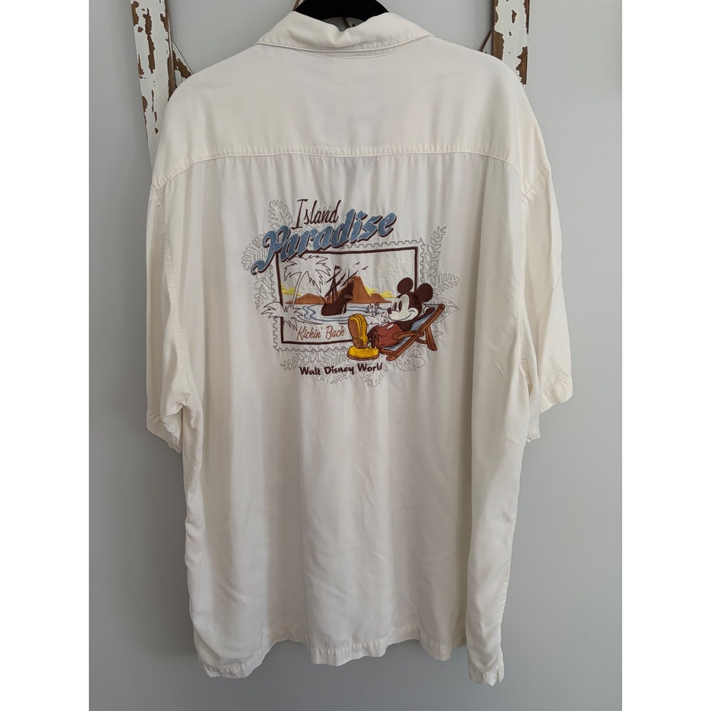 Disney World Shirt Men's Cream Mickey‎ Mouse Embroidered Button Short Sleeve XL